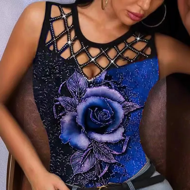 Letni damski t-shirt bezrękawnik z wcięciem wydrukowane bluzki modny okrągły dekolt bez rękawów różany kwiat wielokolorowy podkład damski — zdjęcie 6