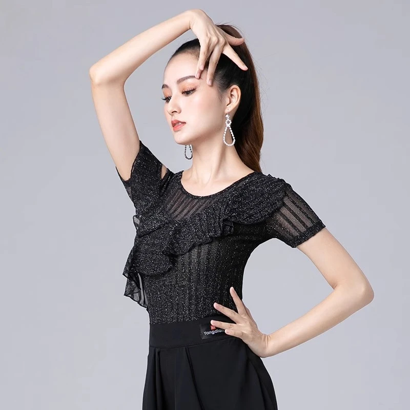 

Топ для латинских танцев с круглым вырезом и оборками, одежда для бальных танцев для взрослых, сексуальная танцевальная одежда с открытыми плечами, весна-лето