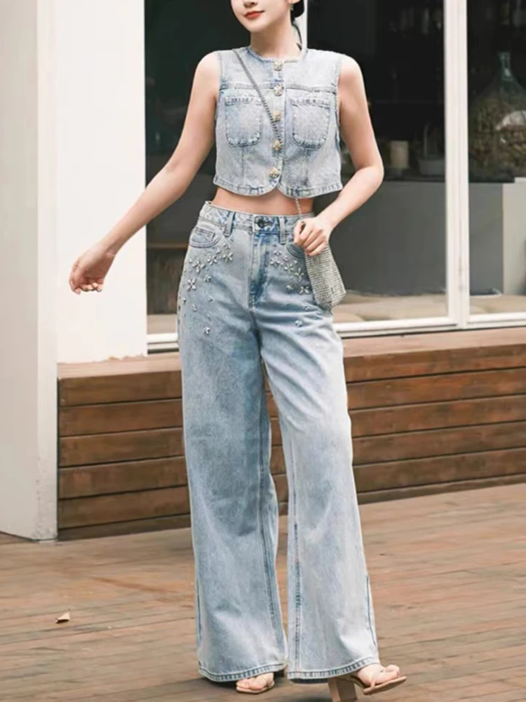 Spring Summer New Fashion Denim Set Women Colorful Hot Rhinestone Short Denim Vest or High Waist Wide Leg Jeans Ladies 2024 suit