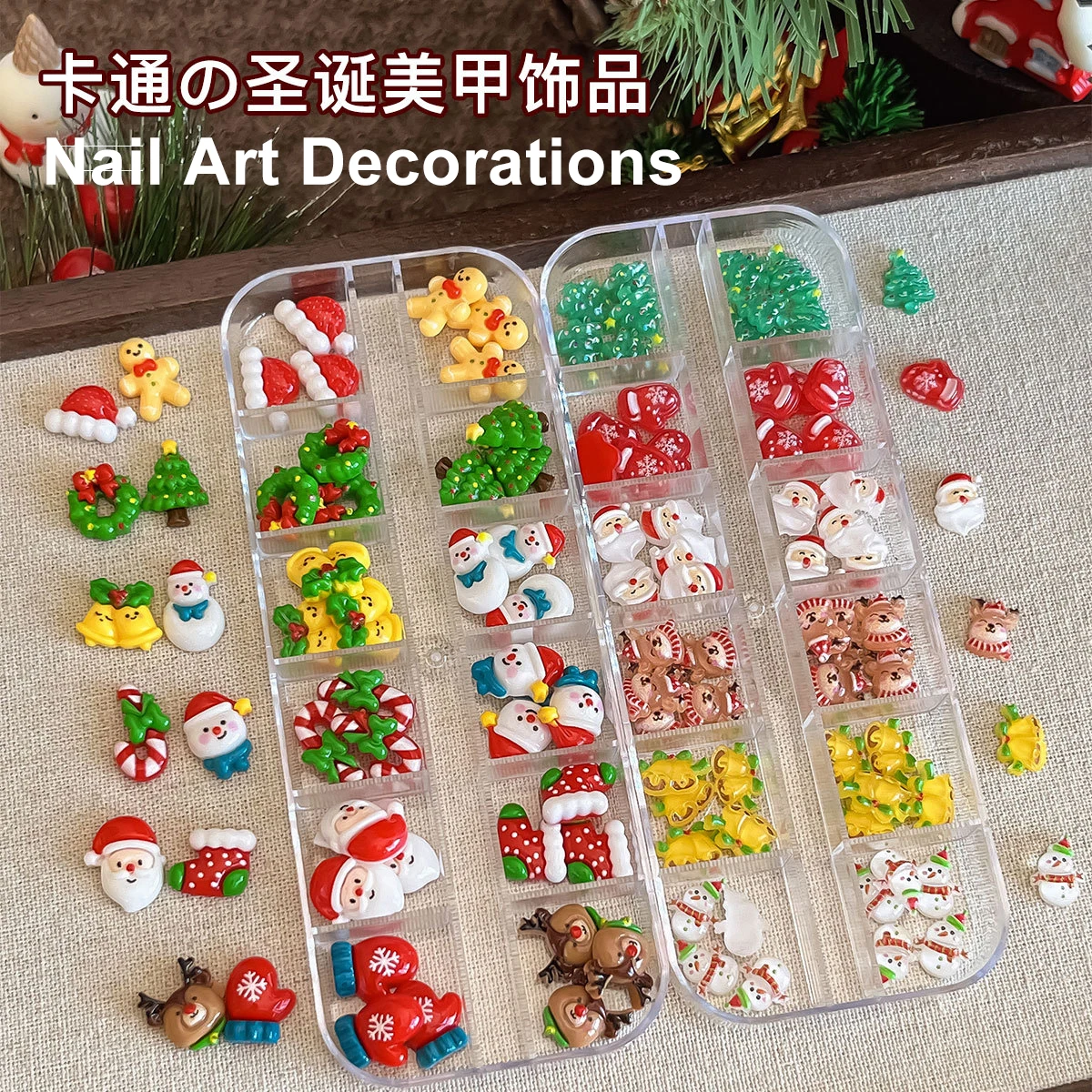 

Colorful Santa Claus Christmas Tree Gingerbread Man Elk Bowknot Butterfly Pearl Snowflakes Star Nail Art Accessories Decorations