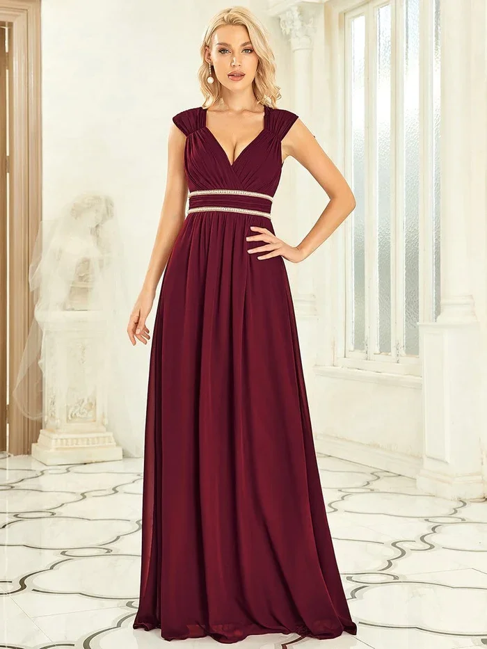 Immer hübsche Damen Chiffon V-Ausschnitt A-Linie Flügel ärmel rücken freie Perle Taille boden langes Brautjungfer kleid