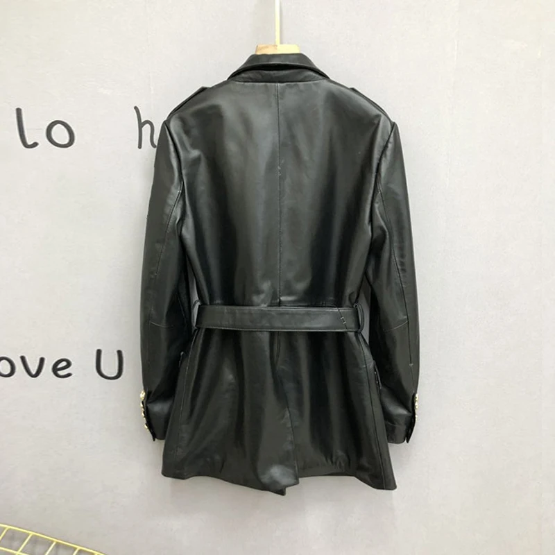 Vestes Vintage multi-poches en cuir véritable pour femmes, manteaux de costume chic en peau de mouton à simple boutonnage avec ceinture à lacets, nouvelle collection 2025