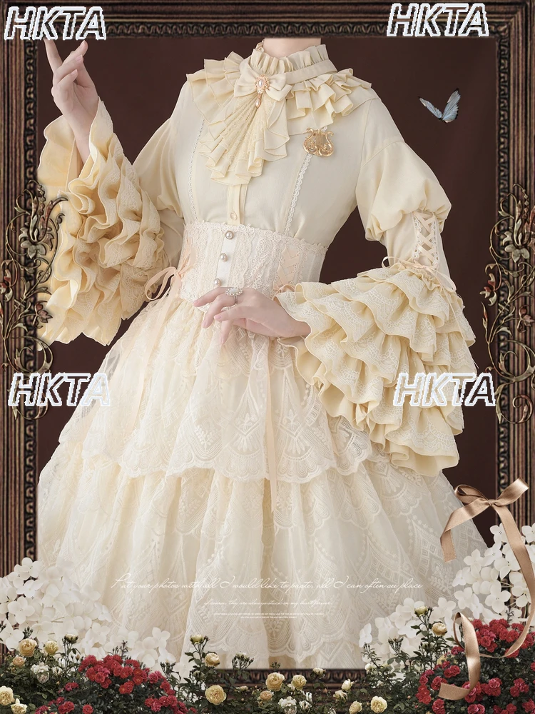 

Subculture Winter Slim Lace Stitching Pleated Lolita Shirt Top Stand Up Collar Horn Long Sleeve Saliva Towel Black Blouses Women