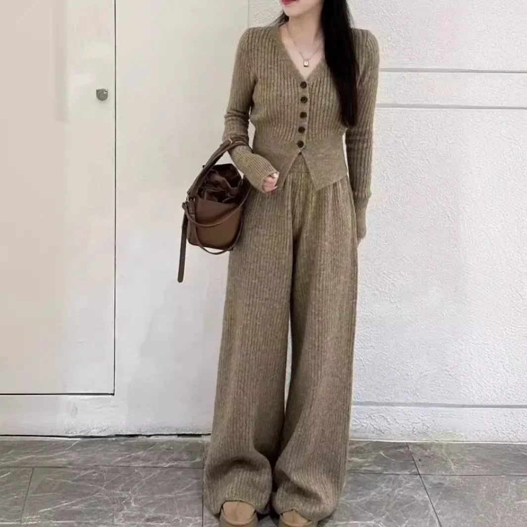 Winter 2024 New Loose Knit Cardigan Trouser Two-piece Set Tracksuit Sweater Crop Tops + High Waisted Pants Suit Outfit for Women