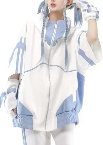 Setelan olahraga lengan pendek milik saya, jaket bertudung dengan ritsleting warna kontrak longgar celana kasual manis dengan Aksesori