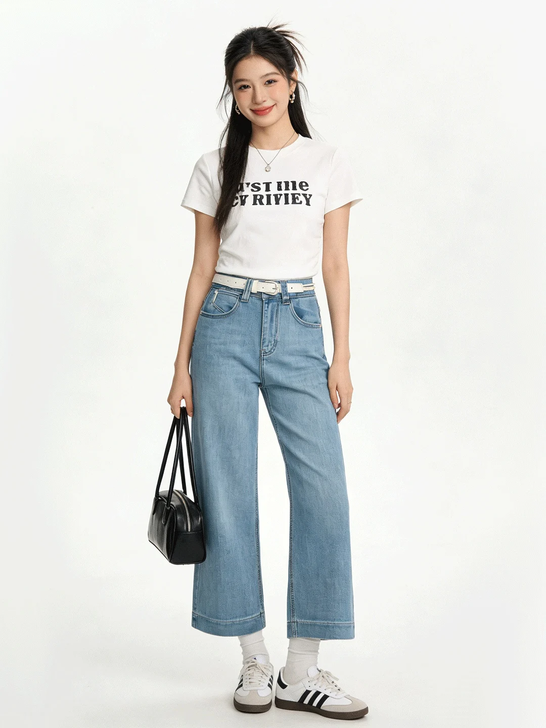 

Spring 2026 High Waist Wide Leg Jeans Korean Sle Versatile Light Blue Waed Denim Elastic Straight Cut Nine Point Pants