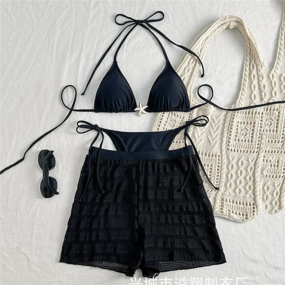 

Metal Starfish Ornament Swimwear Black Halter String Triangle Bikinis Sets 3 Pieces Mesh Shorts Bottom Sexy Swimsuit Women 2025