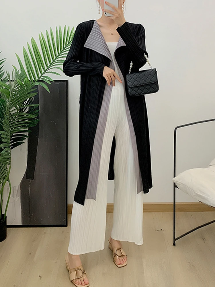 Miyake Double Layer Color Block Pleated Trench Coat Women Long Sleeve Lapel Medium Long Cardigan Elegant Windbreaker Lady