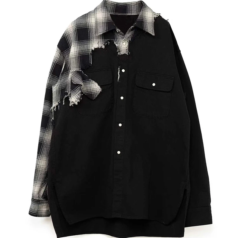 

New 22AW MMY Japanese-style Casual Irregular Patchwork Plaid Loose-fit Shirt for Men Coat