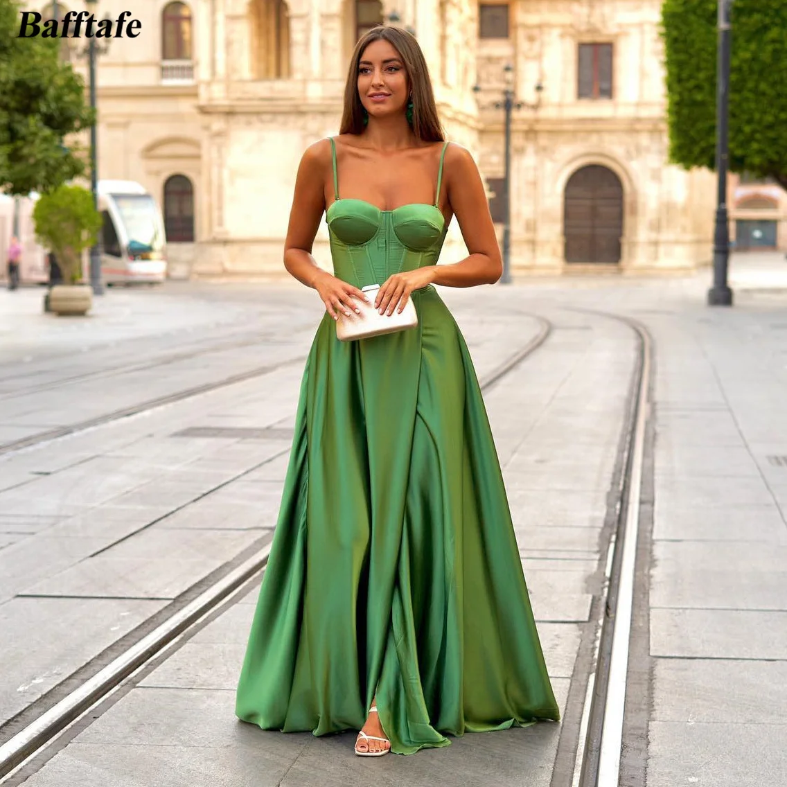 Bafftafe Simple A Line Satin Prom Dresses Straps Split Formal Wedding Party Bridesmaid Gowns Customized Special Evening Dress