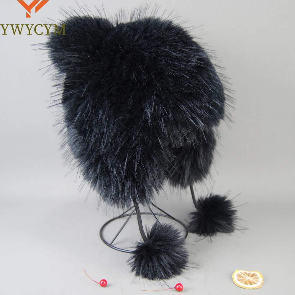 Fluffy Soviet Hat False Raccoon Fur Hats for Woman Winter Octopus Bomber Earflap Knitted Ball Fashionable Flap Cap Mongolian Hat