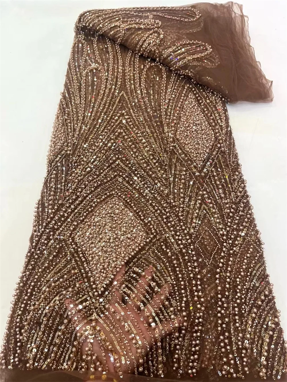 

African Lace Fabric High Quality 2025 French Lace Fabrics Quality Sequins French Nigerian Brown Beaded Fabrics For Sewing W709-1