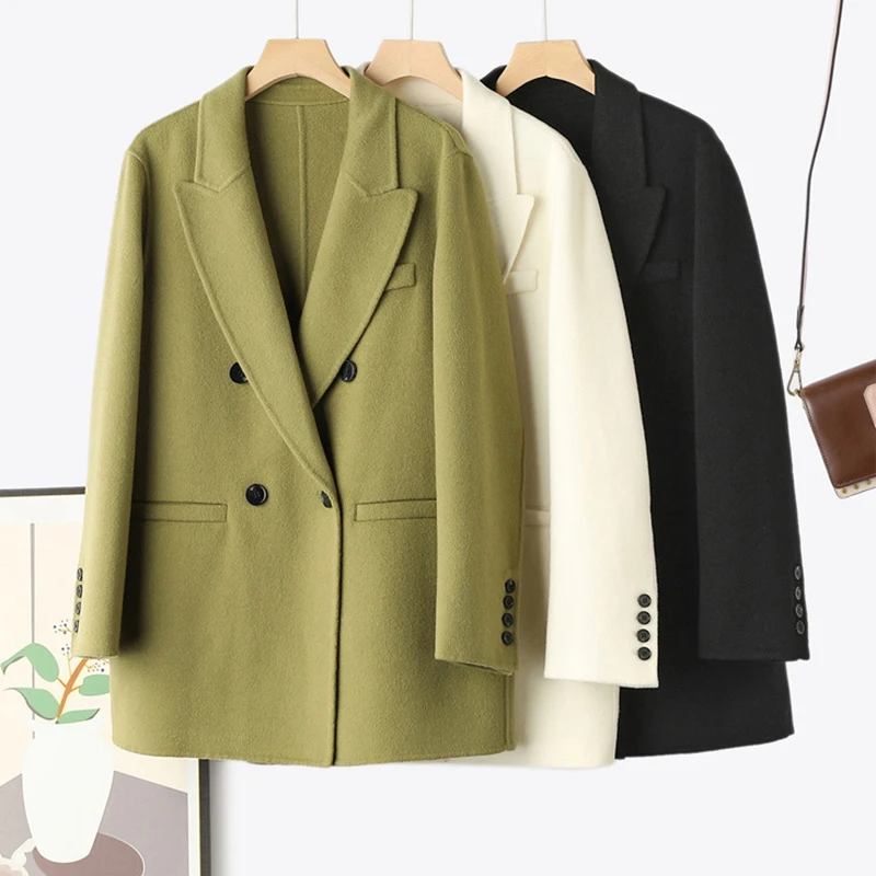 Green Double-Sided Wool Coats Autumn Winter Women Suit Collar Double -Breasted Commuter Style Mid Length Jackets Blazer Tweed