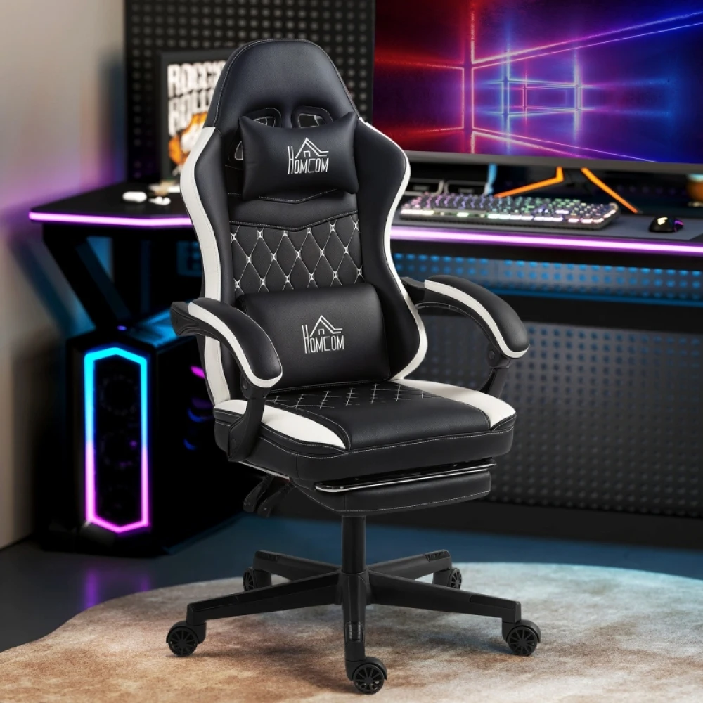 Chaise de jeu ergonomique pivotante à 360° en similicuir matelassé noir et blanc, 64x65x118-128cm, avec repose-pieds rétractable, dossier inclinable à 130 degrés, hauteur de siège réglable, appui-tête amovible et coussin lombaire, pour bureau et ordinateur