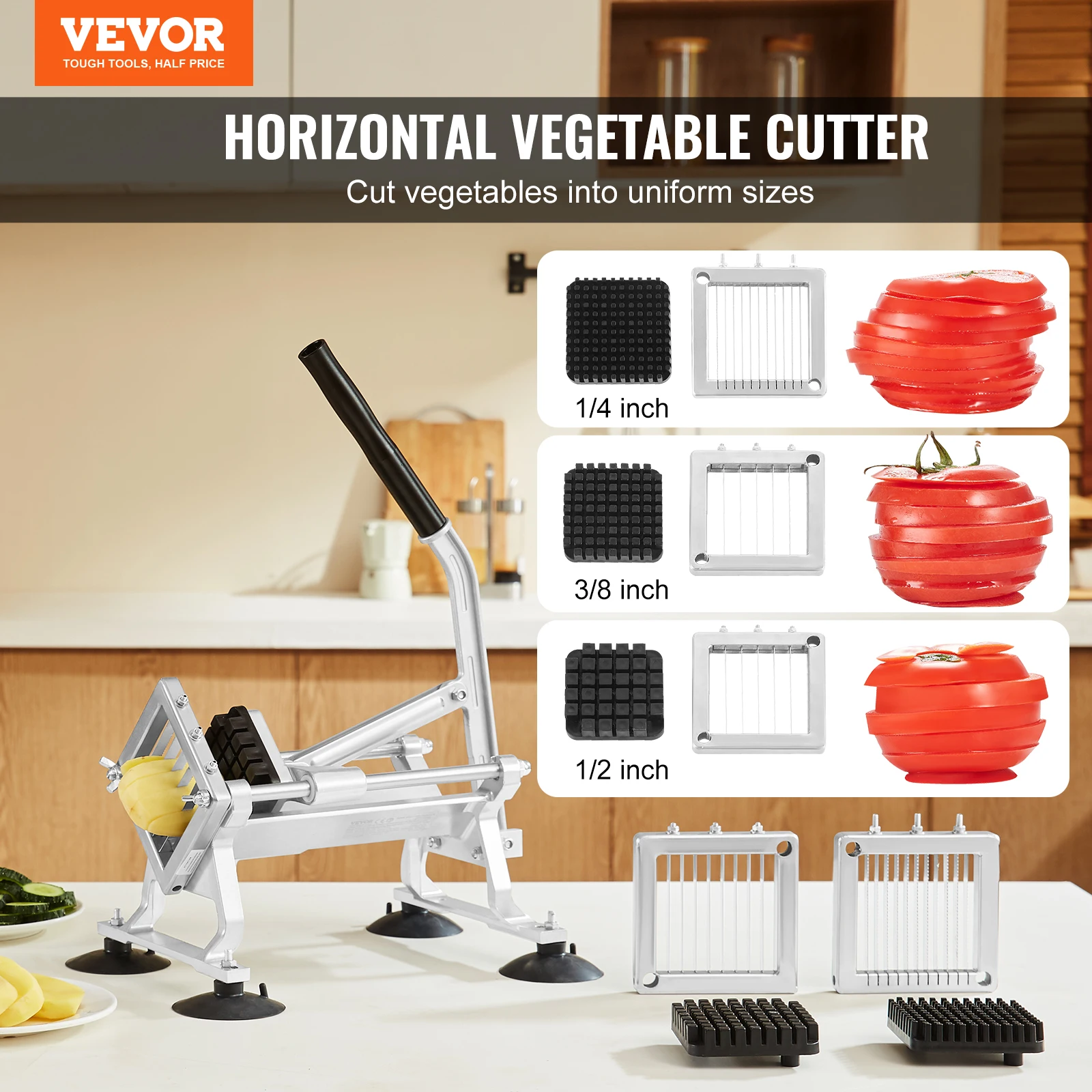 VEVOR Commercial Vegetable Slicer 1/4"+3/8"+1/2" Fruit Slicer Stainless Steel and Aluminum Alloy Vegetable Cutter Slicer Machine