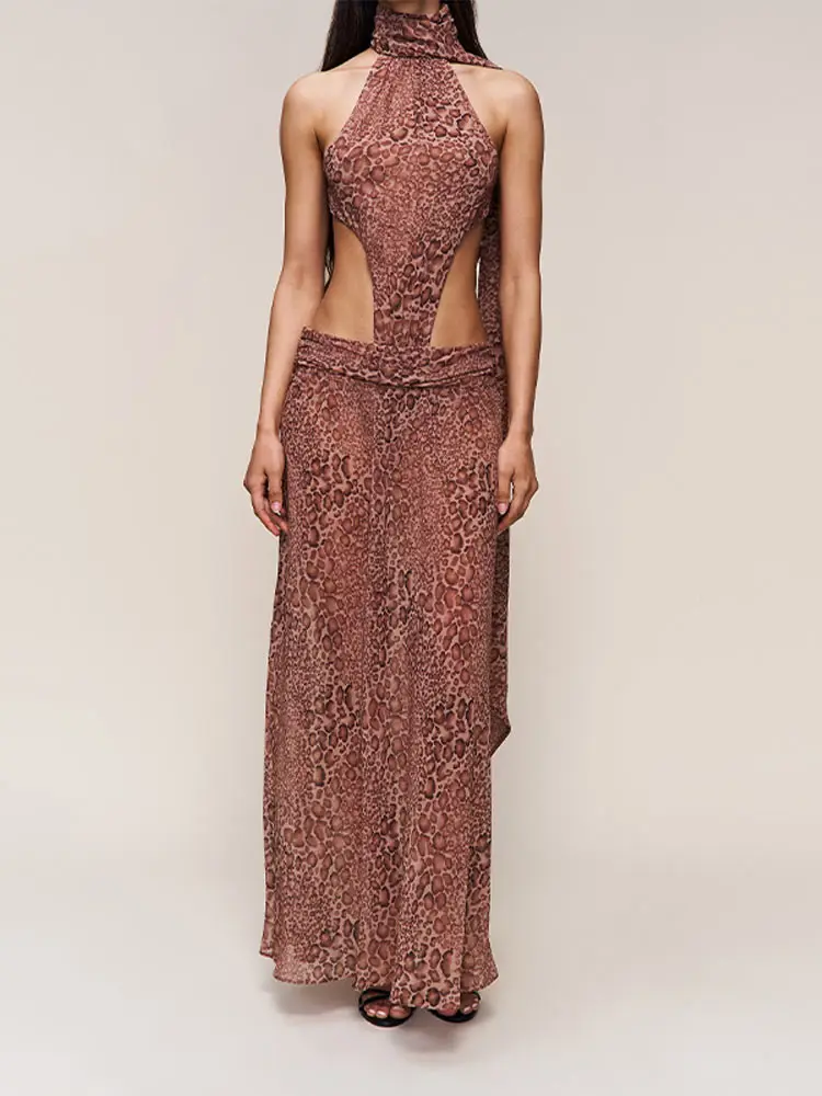 

Женское шифоновое макси-платье с леопардовым принтом, модное, с вырезом халтер, открытой спиной, свободного кроя, длинное, новинка 2026 года, для вечеринок и клубов