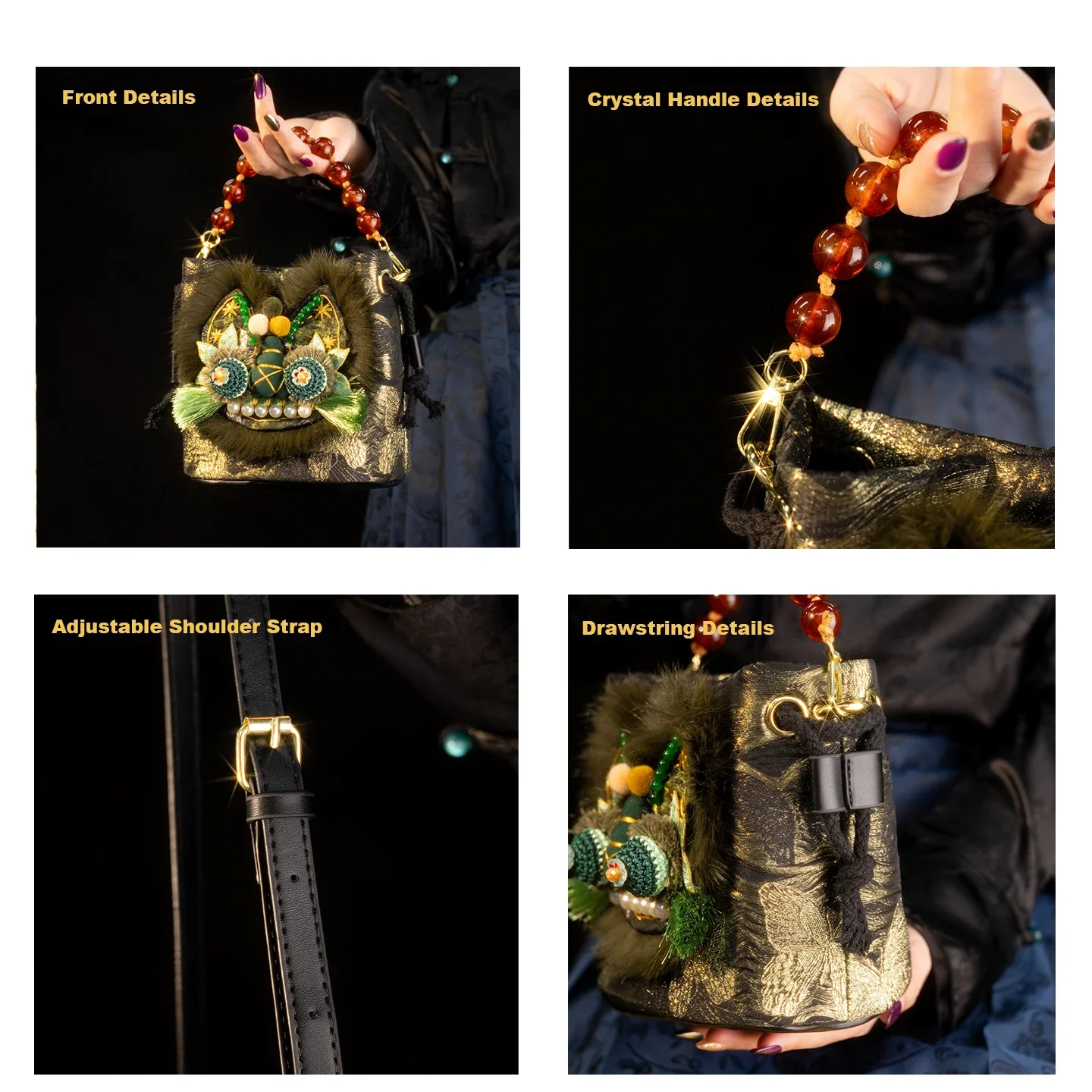 Ethnic Style Women Crossbody Bag 3D Embroidery Drawstring Bucket Bag Retro Silk Jacquard Fur Pearl Purse for Qipao Daily Party - view 2