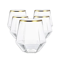 European Style Gold Edged Diamond Glass Hexagonal Plastic Household Transparent Whiskey Glass Hexagonal Foreign Wine Glass