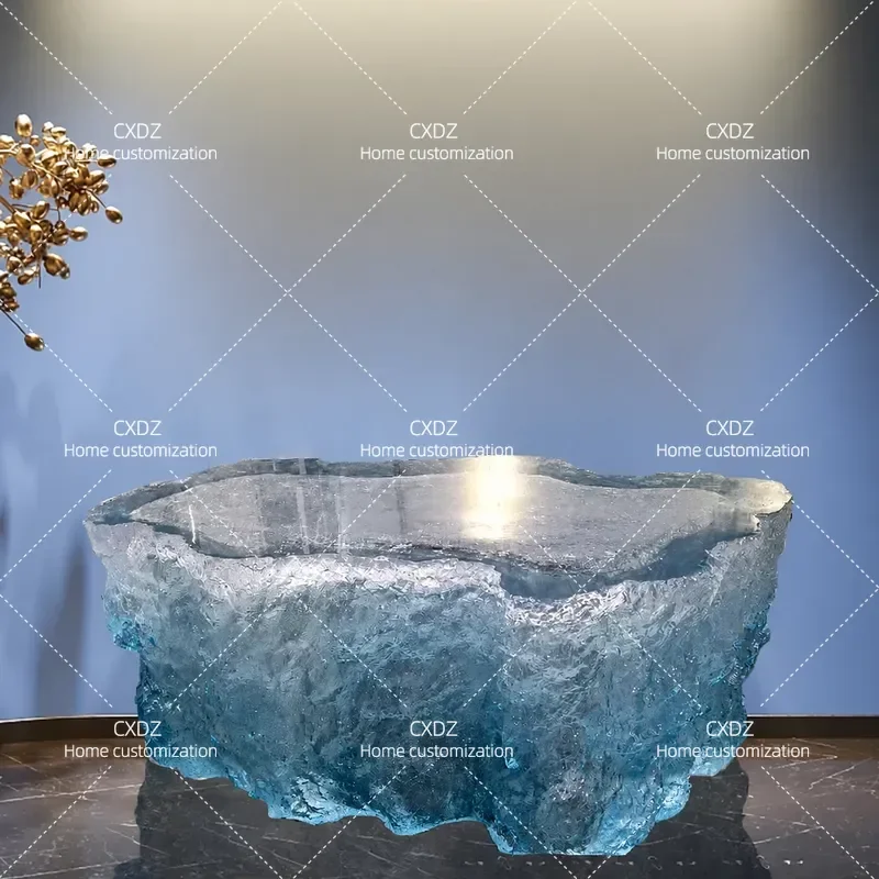 Transparent Resin Glacier Blue Coffee Table Corrugated Irregular Shape Crystal Tea Table for Hotel Living Room Home Furniture