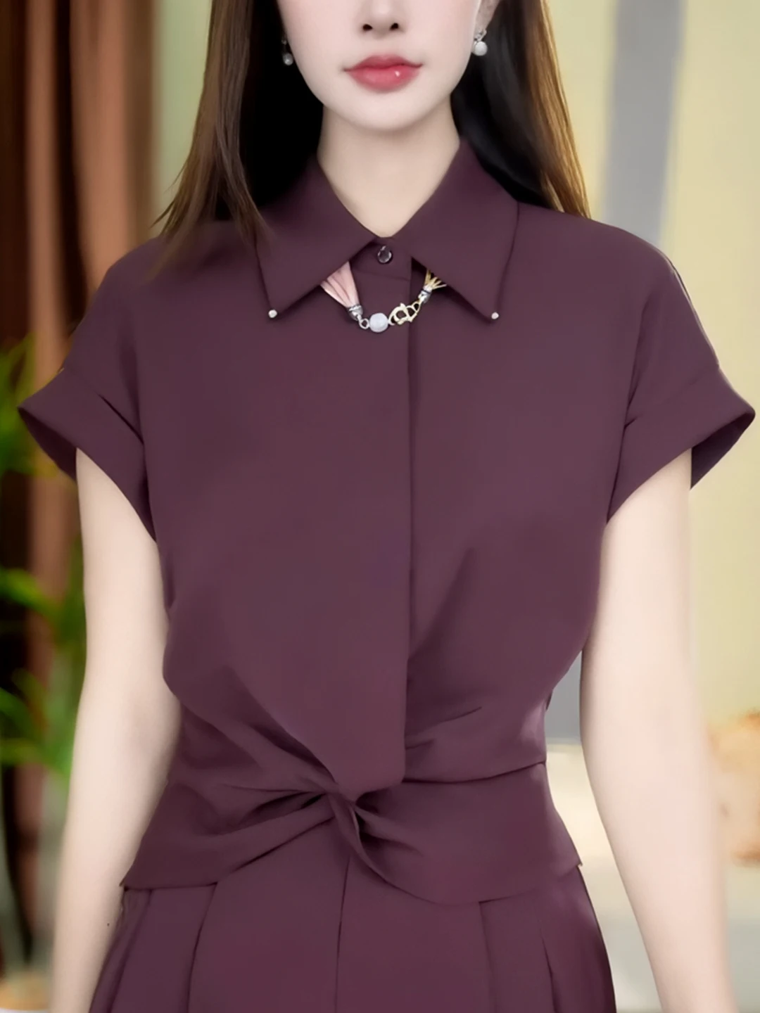 

Ele Faionable Knot Ne ort Sve T-irt Slimming Top Women's Summer New Arrival Lightweight Korean Sle Commute