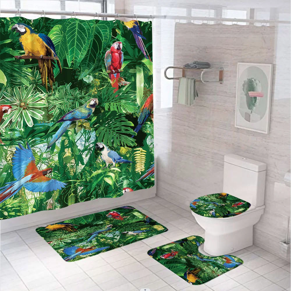 Colorful Parrot Shower Curtain Set Palm Tree Pineapple Tropical Flower Bathroom Curtain Decor Non-Slip Bath Mat Rug Toilet Cover