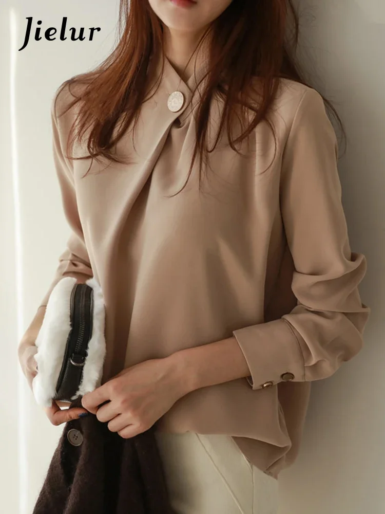 Jielur Office Ladies Solid Long Sleeve Tops and Shirts Elegant Slim Women Blouses Shirt Round Neck Soft Femme High Quality