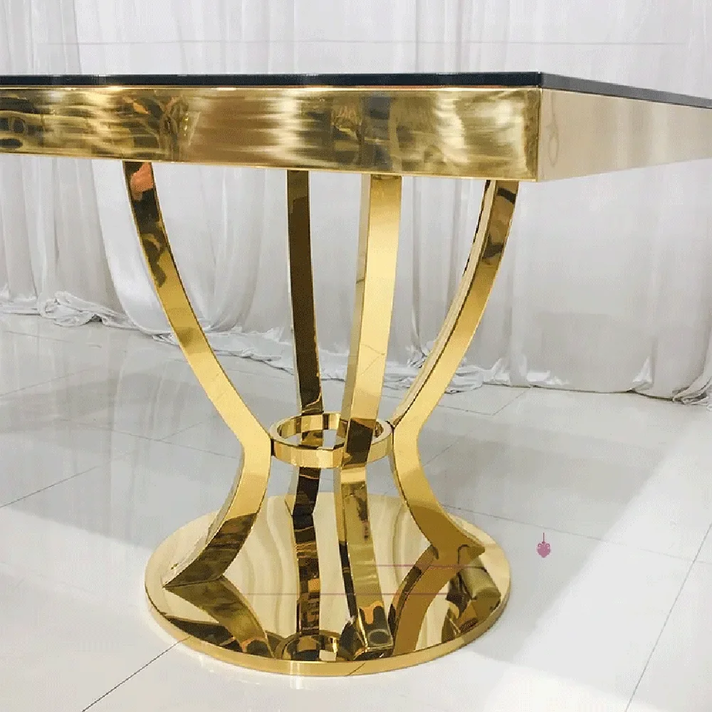 luxury wedding furniture glass top stainless steel gold retractable dining table set 8 seater luxury