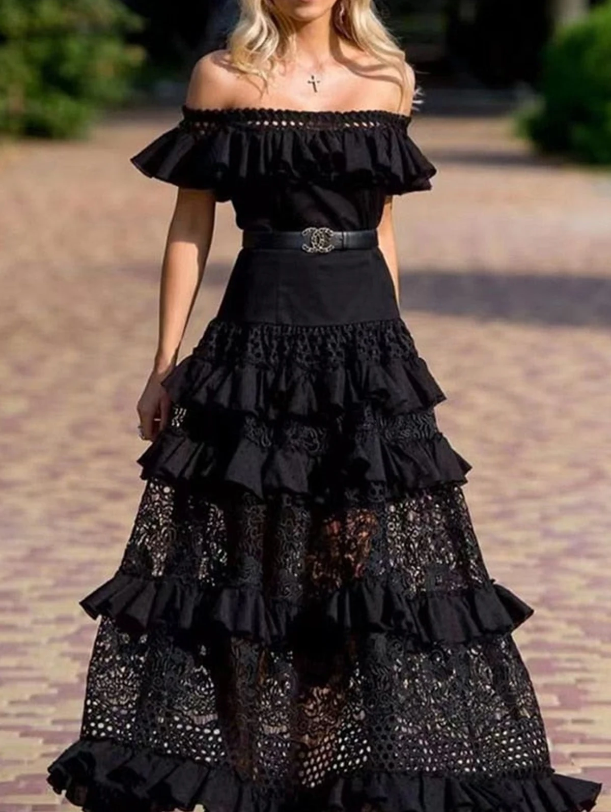 Elegant One-Shoulder Solid Ruffle Long Evening Dress Summer Fashion Sleeveless Swing Dress Classic Lace Hollow Party Sexy Dress