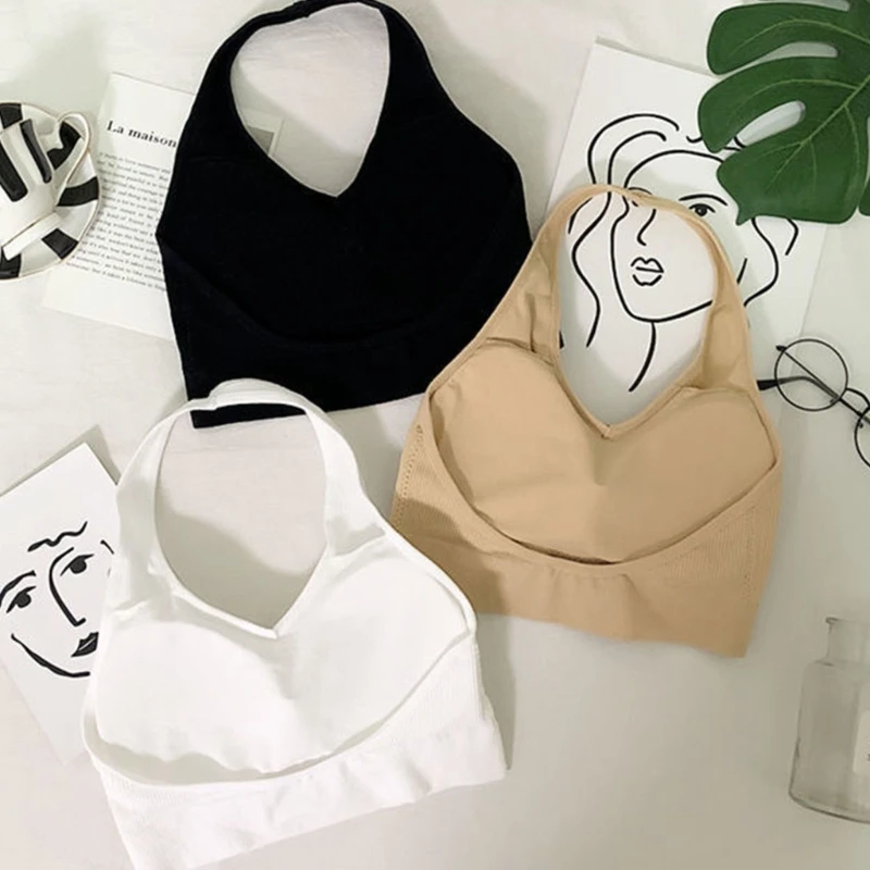 Womens Ribbed Knit Halter Backless Crop Top Solid Color Bodycon Sports Bralette