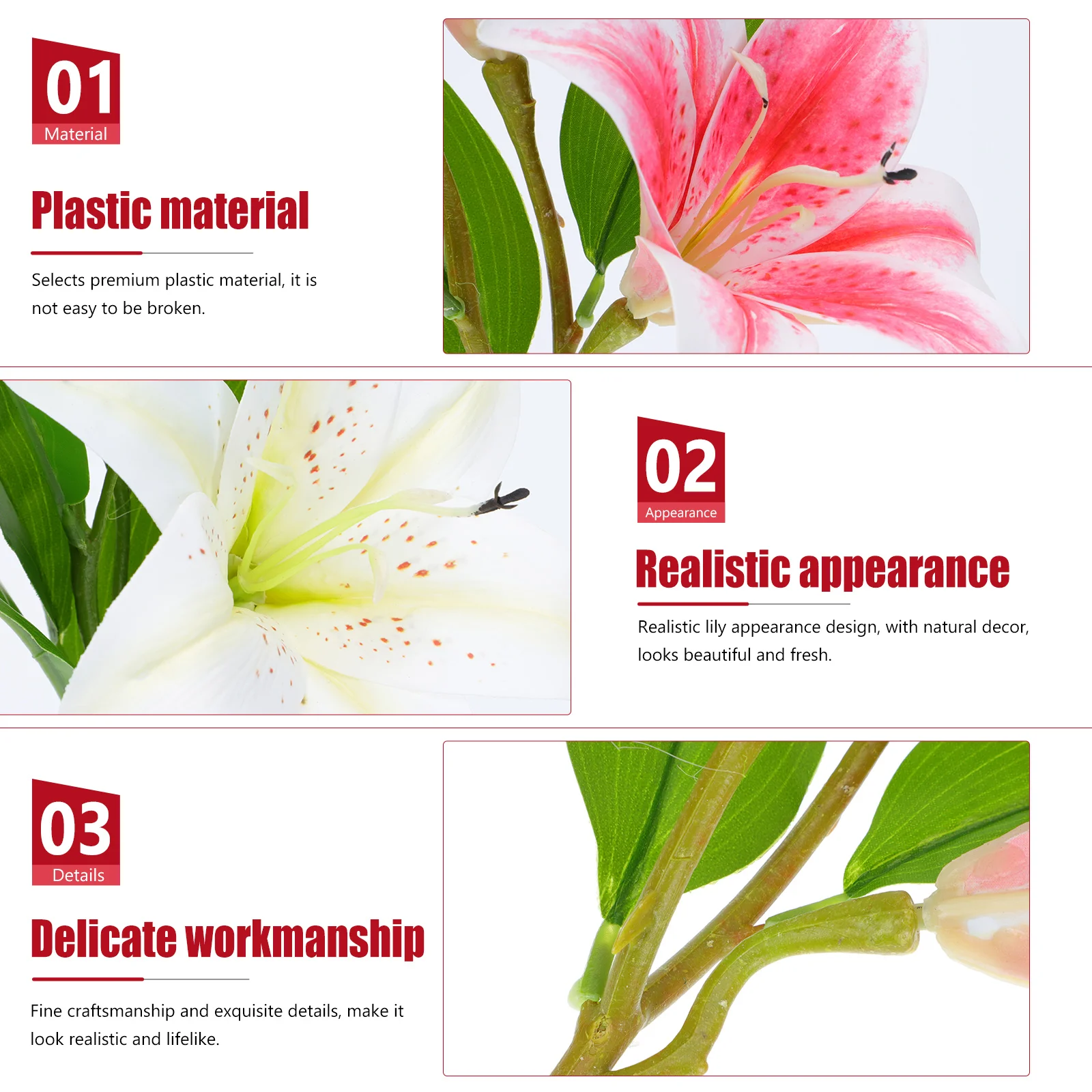 

3pcs Artificial Lily Flowers DecorFlower for Dining Room Table Home nament Simulated Faux Plastic Flower Arrangement