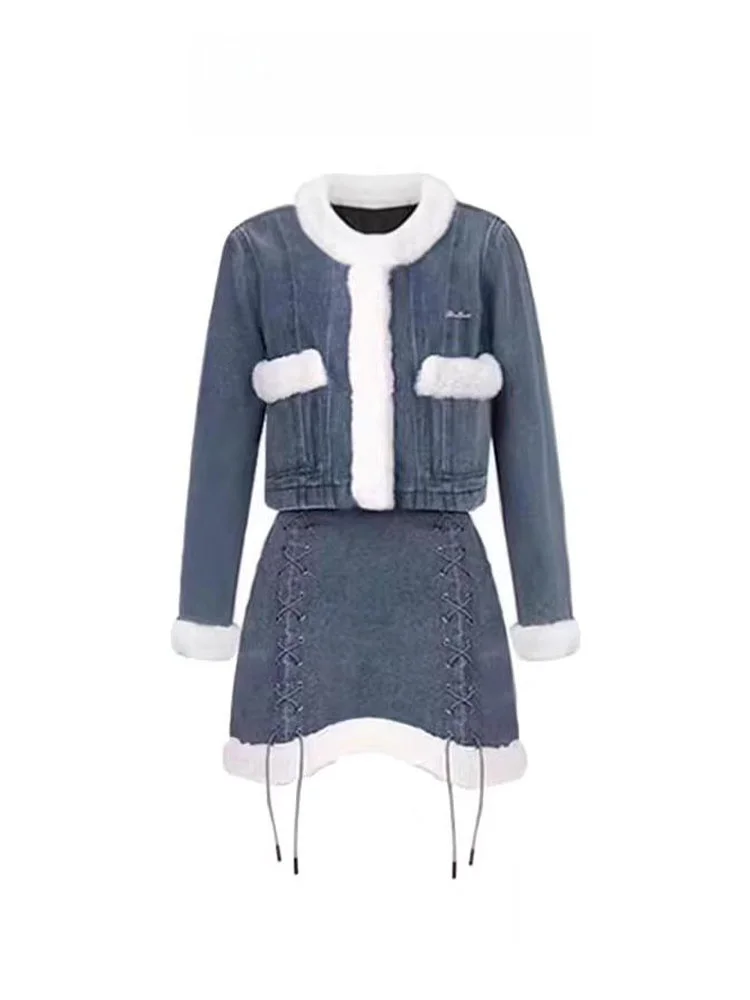 

Осенне-зимний женский комплект Faion ort из кроличьего меха, джинсовый комплект с юбкой, длинная облегающая одежда на пуговицах све, круглый облегающий костюм