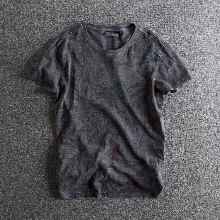 Summer New American Retro Short Sleeve O-neck Vacation Style Leaf Printed T-shirt Men's Fashion 100% Cotton Washed Casual Tops