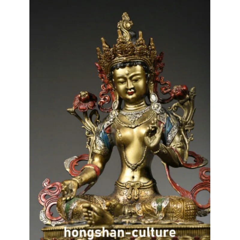 Bronze Painting Gilt Green Tara Enlightenment Goddess Buddha Statue