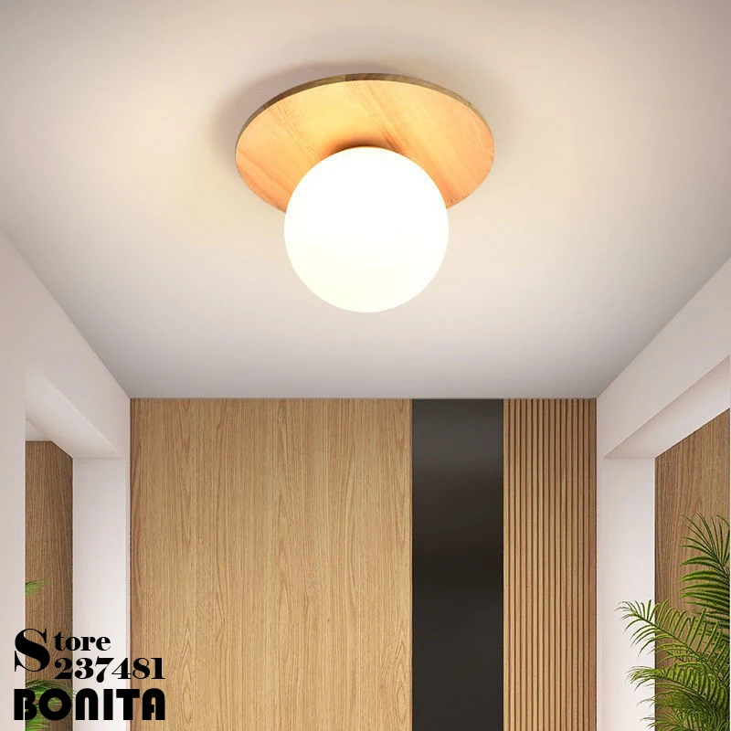 Oak Glass Ball Ceiling Light Corridor aisle Cloakroom Bedroom Entrance Hall Solid Wood Log Milky White Round Ball Ceiling Lamp