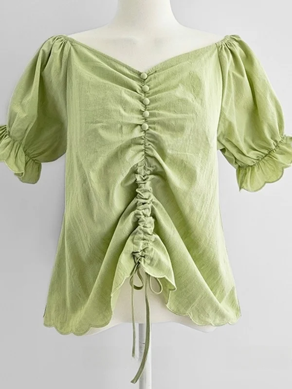 

Sweet Fre ort Bubble Sve irt Women's Versatile V-ne Pleated Dstring Slimming Flower Top Commute Sle Pure...