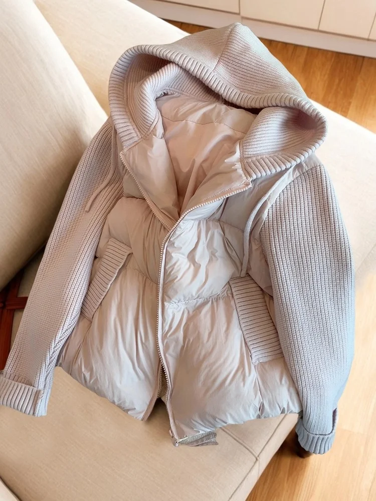 

Pink Knitted Patchwork Hooded Winter Cotton Jaet Slimming Sli Warm Women's Coat Long Sve Regular Length Sweet Sle