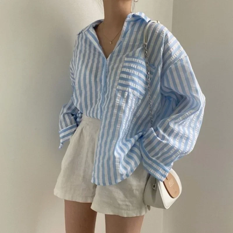 Neploe Korean Chic Fresh Design Sense Blouse Women Single-Breasted Striped Shirt 2024 Autumn Temperament Lapel Collar Blusa