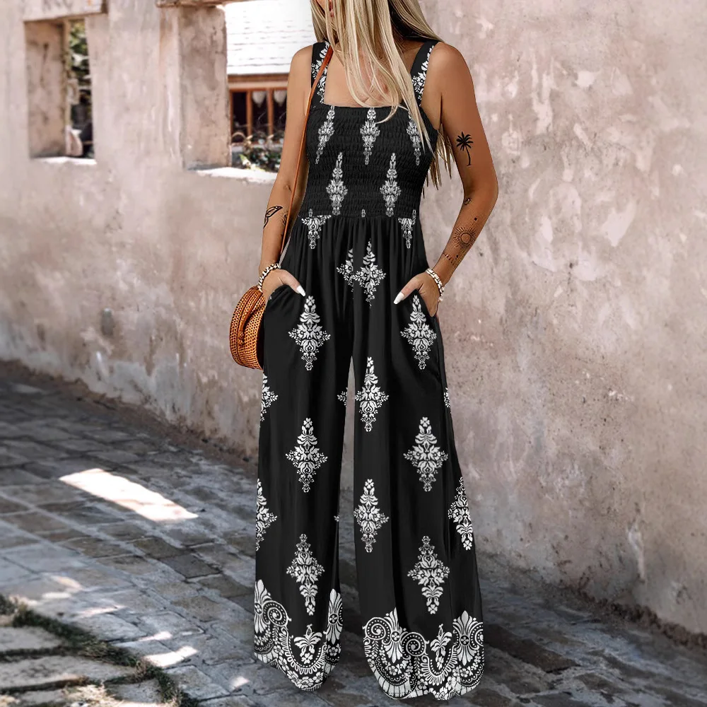 Women Graphic Print Square Neck Thick Strap Shirred Jumpsuit Wide Leg Overalls with Pockets