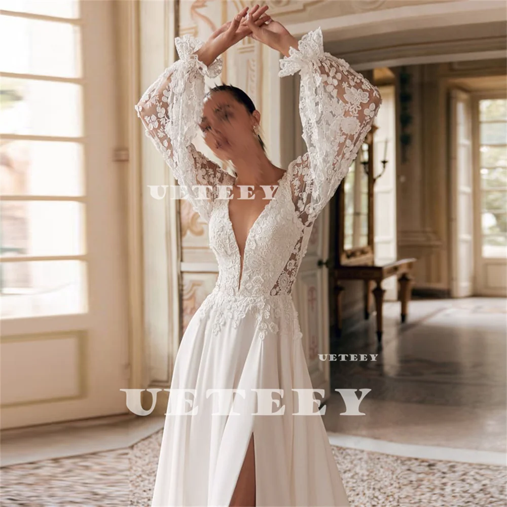 UETEEY Customized Deep V Neck Puff Sleeves Crepe A Line Wedding Dress Flowers Lace High Slit Open Back Court Train Bridal Gown