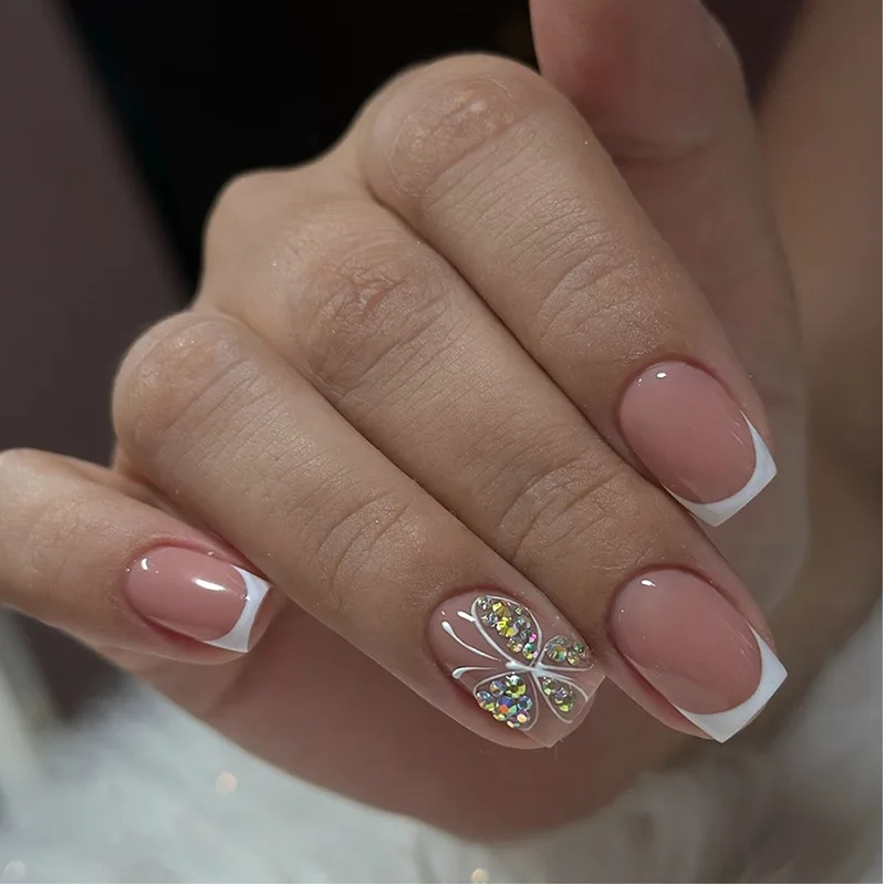 

24Pcs Short Square Head Full Cover Fake Nails Tips Rhinestone Butterfly White French False Nails Simple Wearable Press on Nails