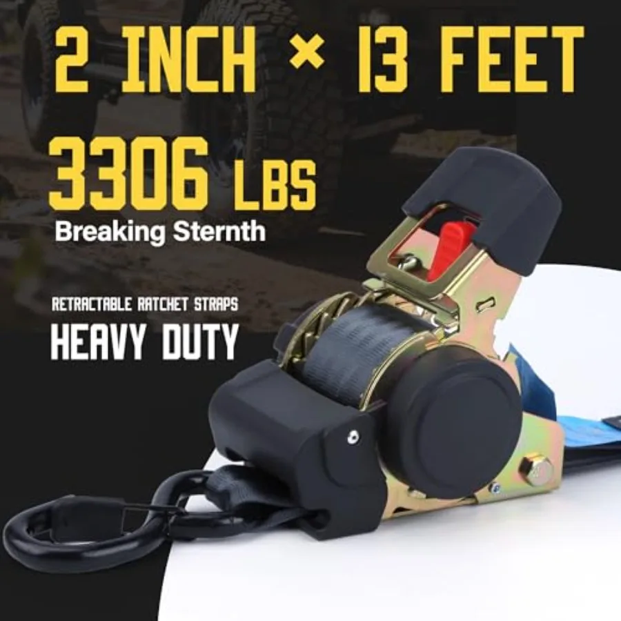 Retractable Ratchet Straps, 2 inch x 13 Feet Heavy Duty Auto Self Retracting Ratchet Strap 3306 lb Break Strength, Tie Down Qui