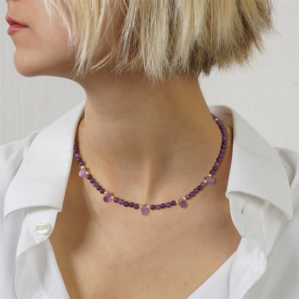 الحجر الطبيعي 4 مللي متر الخرز المستديرة قلادة قطرة الماء سحر القلائد للنساء الزبرجد الجمشت اللابرادوريت قلادة مجوهرات #4