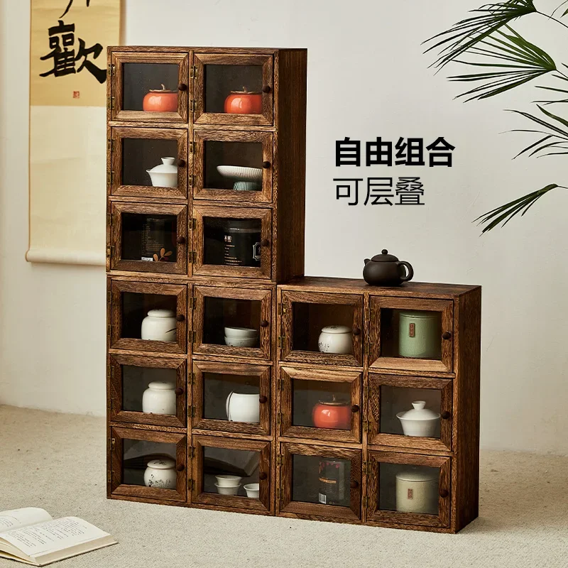 

Solid wood tea set storage cabinet teapot teacup rack shelf display rack