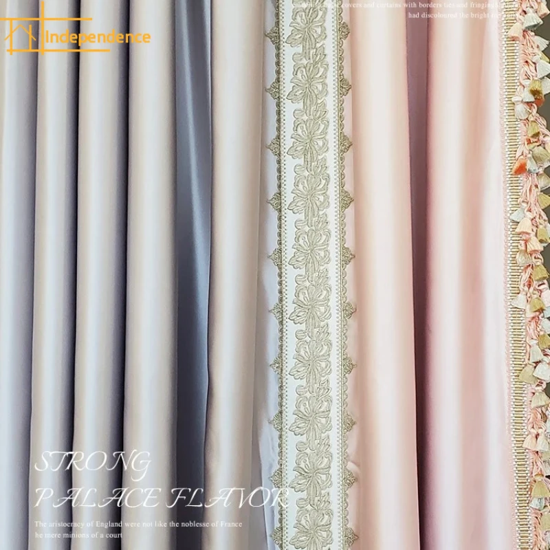 

French Grey Blue Pink Luster Lace Stitching Thickened Curtains for Living Room Bedroom French Window Balcony Window Customized