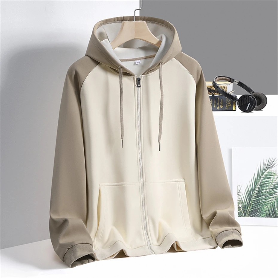 Zipper Hoodie Jacket Men Fashion Casual Contrast Color Sleeve Patchwork Hoodie Male Spring Autumn Hoodies Plus Size 5XL