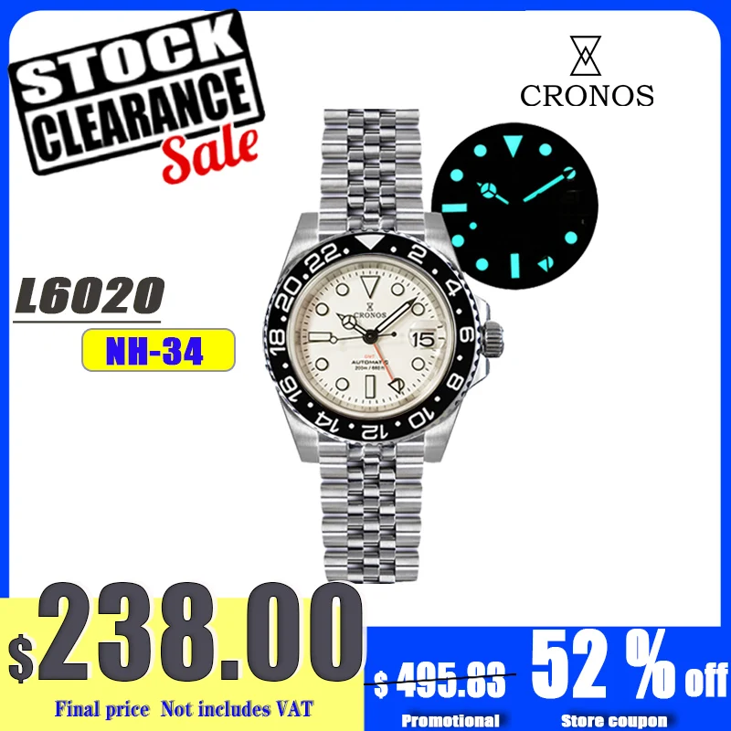 

Cronos GMT Автоматические мужские часы Двунаправленный безель с сапфировым стеклом 20 атм NH34 Твердые 5-звенья с принтом логотипа Металлический браслет BGW-9 L6020