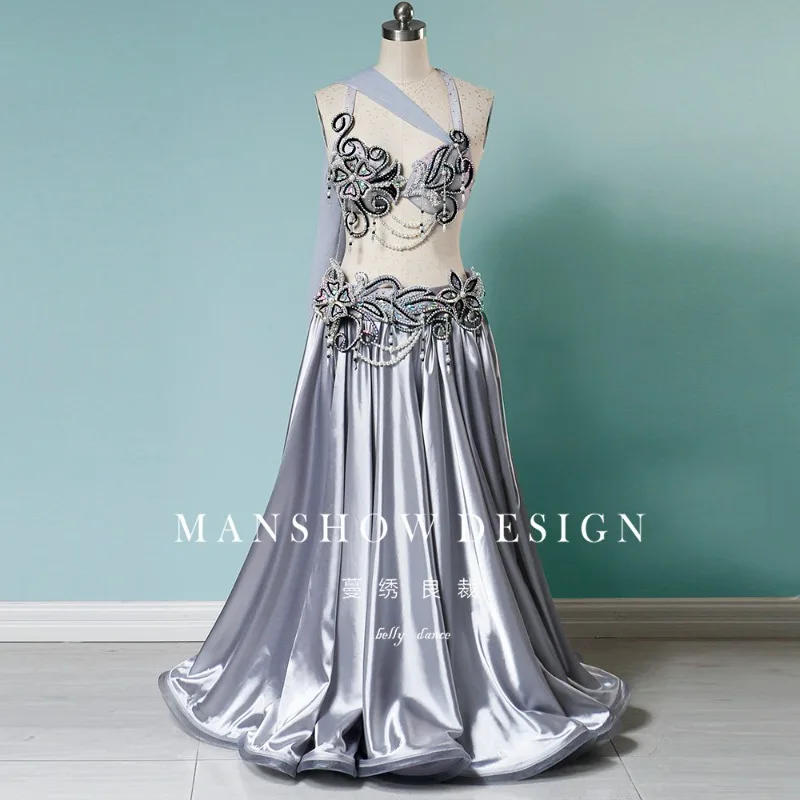 Customized Belly Dancewear Rhinestone Accessories Group Stage Suit Performance Costume Belly Dancing Bra Tassel Split Skirt Set