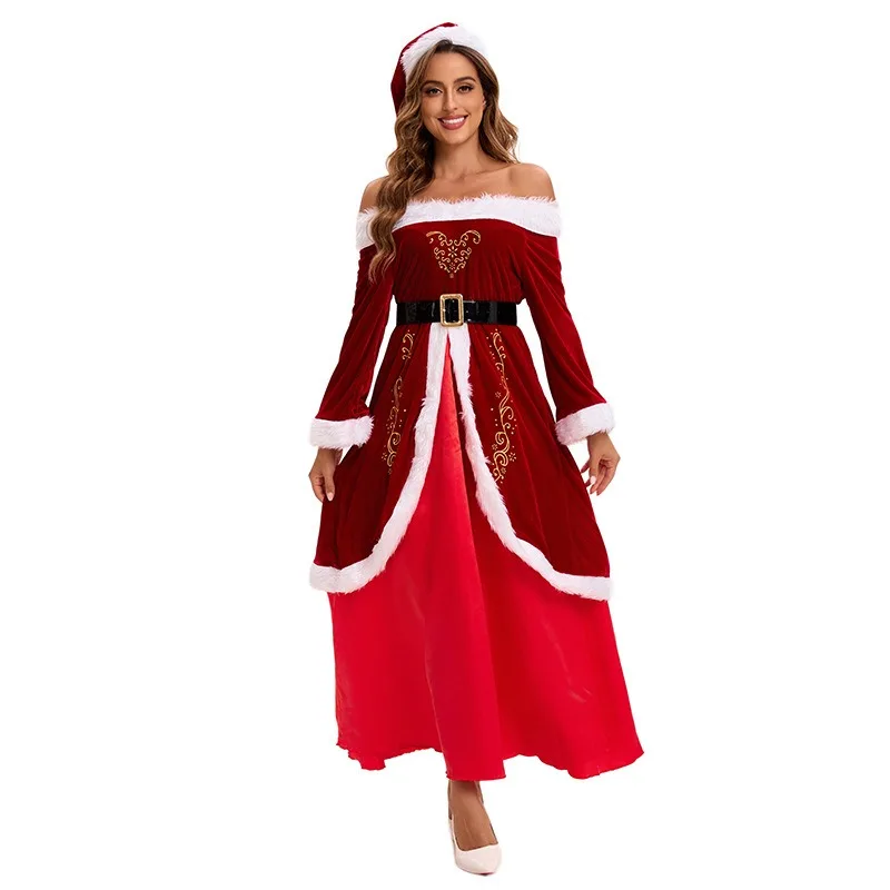 Vestido navideño Sexy con hombros descubiertos para mujer y hombre, disfraz de Papá Noel, vestido de fiesta, traje festivo familiar, celebración navideña