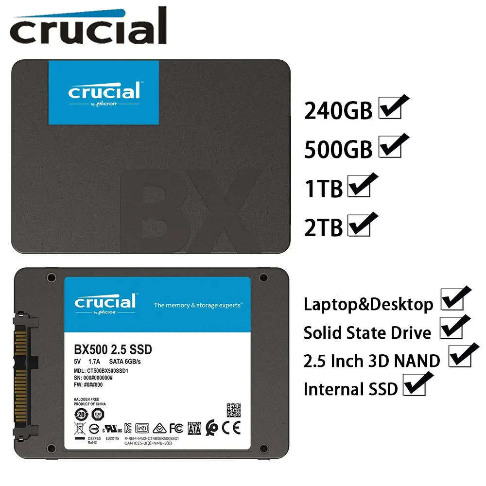 

Crucial SSD BX500 SATA 2.5 Inch 2TB 1TB 500GB 240GB 3D NAND Internal SSD Hard Drive Laptop Desktop PC Notebook Solid State Drive