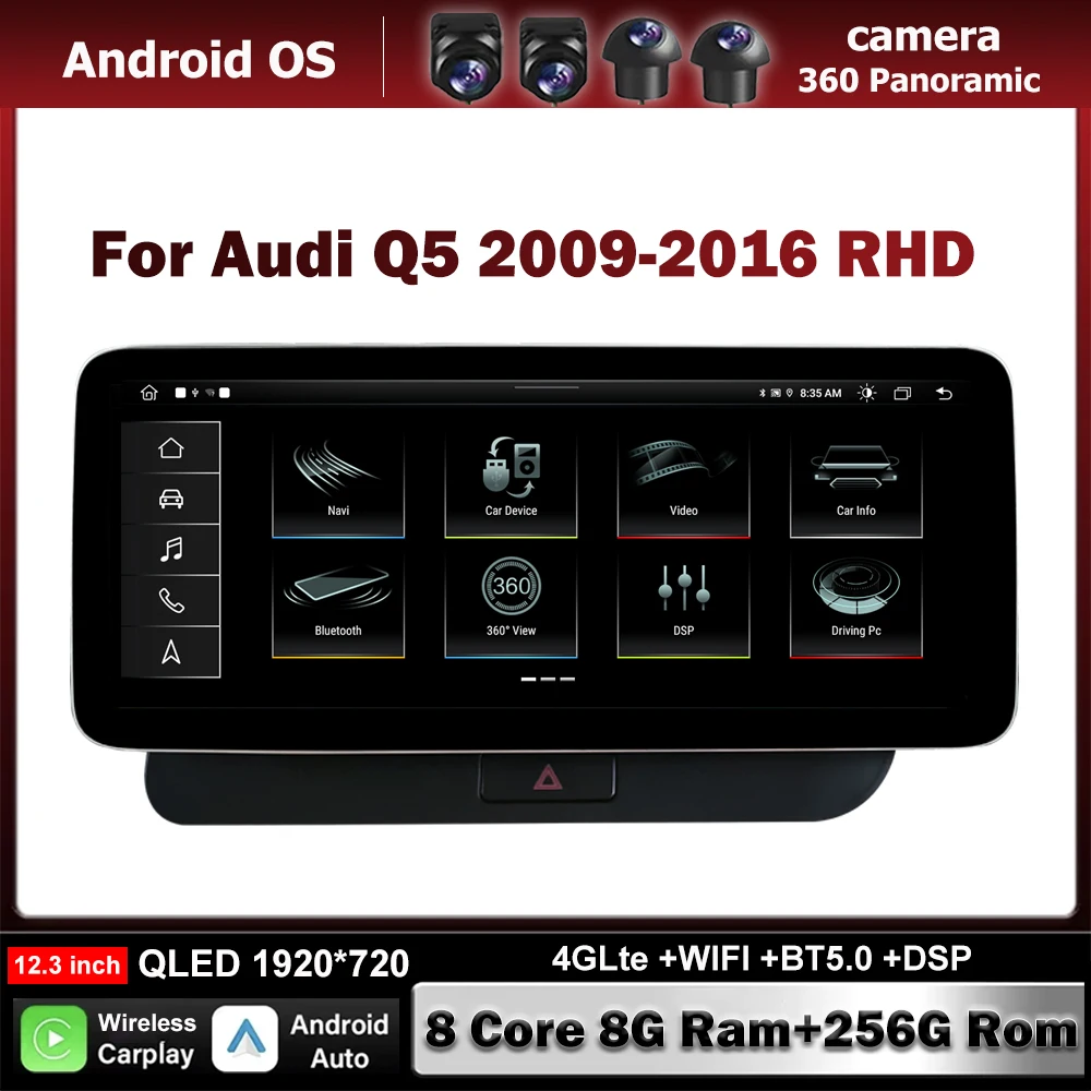 RHD 12.3 Inch For Audi Q5 2009-2016 Carplay Auto Car Radio Stereo Android Auto WIFI 4G Split Screen BT GPS Navi Multimedia